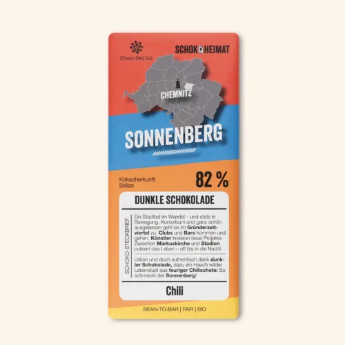 Bean-to-Bar Schokolade Sonnenberg Bio feurige Chillieschoten Schokolade von Choco Del Sol Produkt Vorderseite