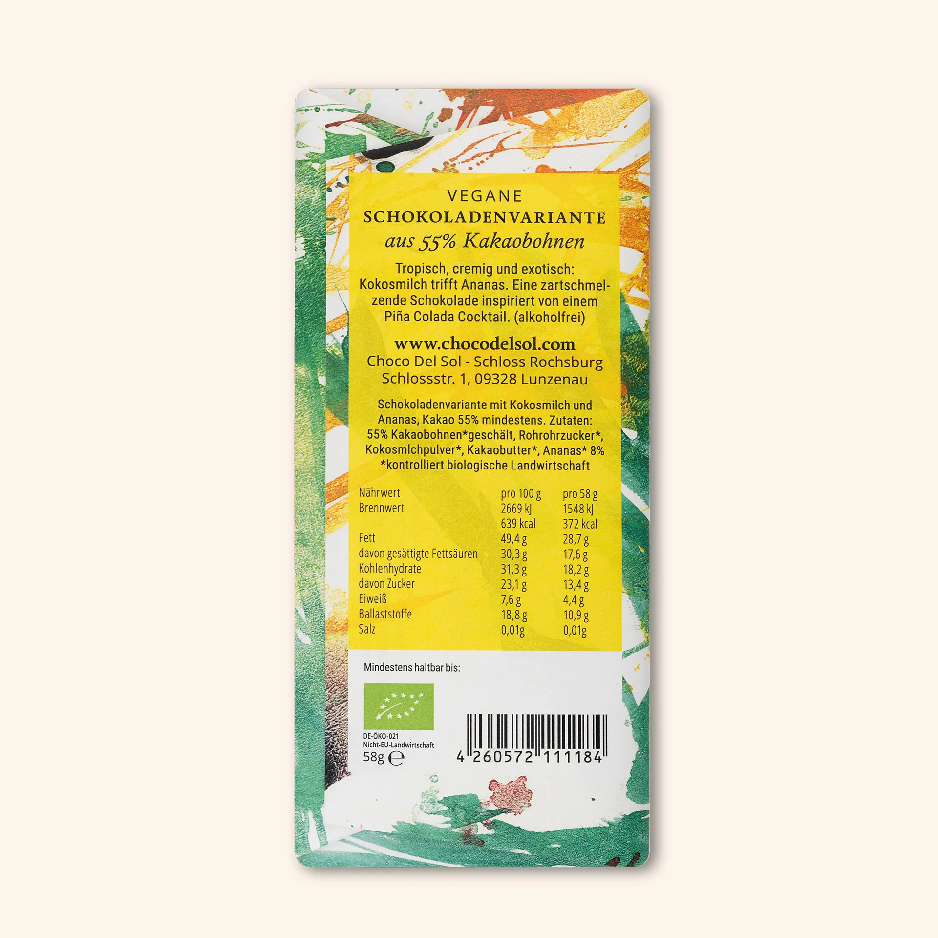 Bean-to-Bar Schokolade Piña Colada - Bio Schokolade* Vegane von Choco Del Sol Produkt Rückseite